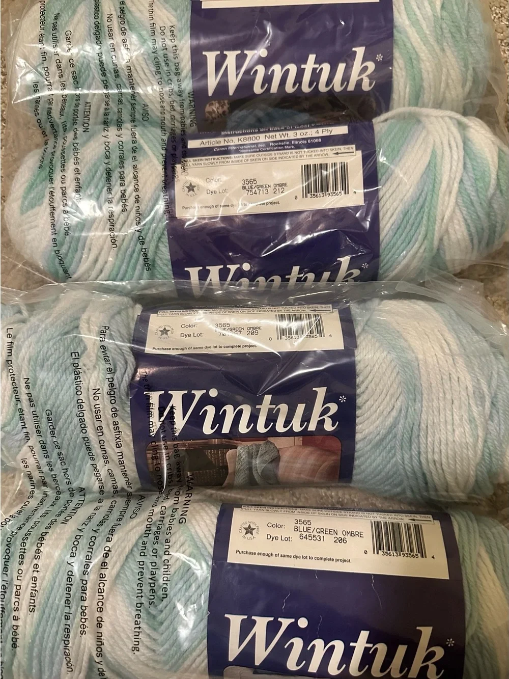 Vintage Caron Wintuk 4-Ply Yarn, Blue/Green Ombré, TWO DIFFERENT DYE LOTS